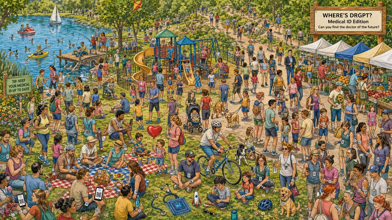 Hand-drawn hidden-object illustration of a busy city park: joggers, picnics, a playground, a lake and a farmers market, with many people wearing QR code medical ID tags. A sign reads "Where's DrGPT? Medical ID Edition" and a green sign reads "Tip: Keep your medical ID up to date."